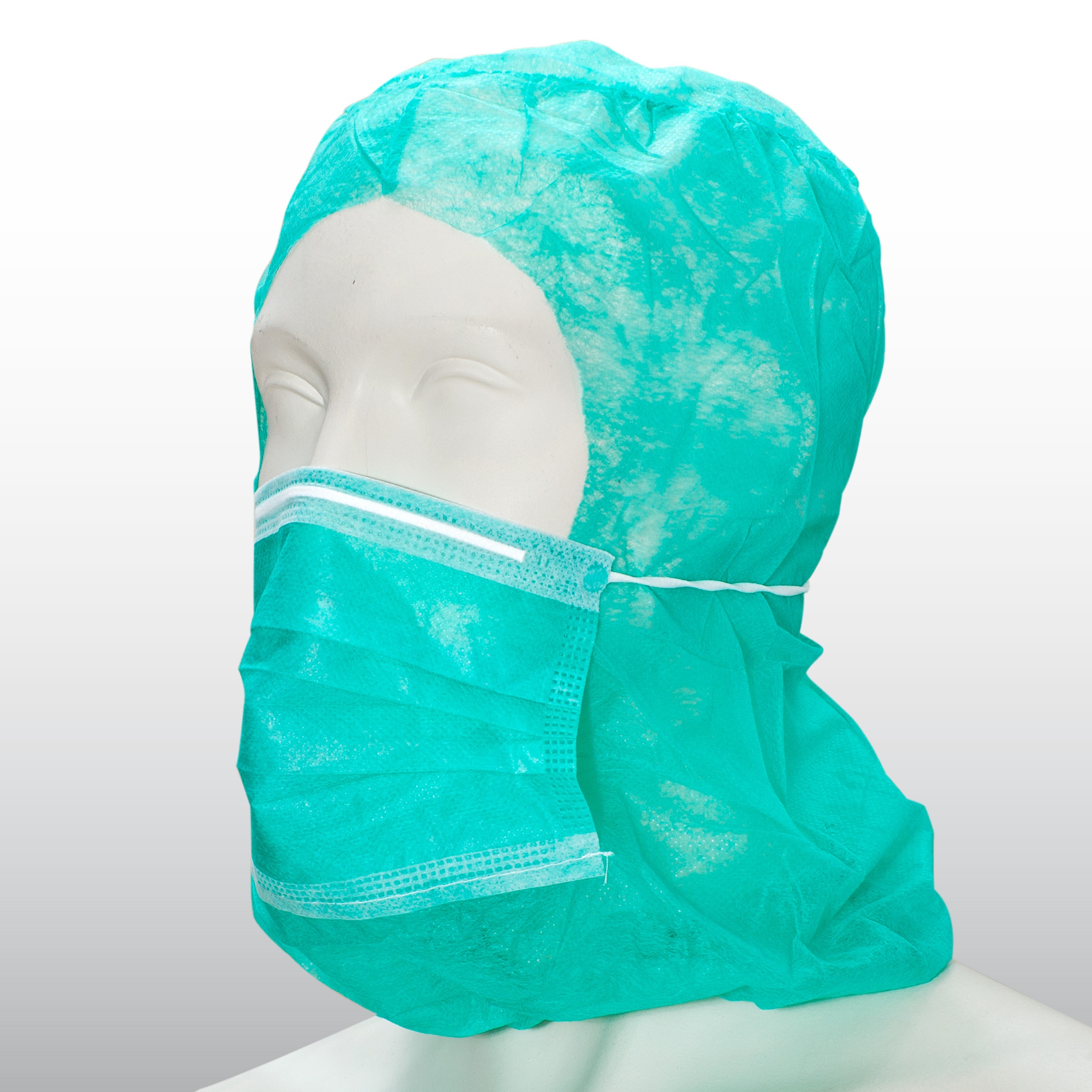 50 Stück Astronautenhaube aus PP-Vlies grün mit 2-lagigen Mundschutz mit Stirngummi